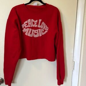 Junk Food Clothing - Peace Love Music Red Cropped Sweatshirt - Size M